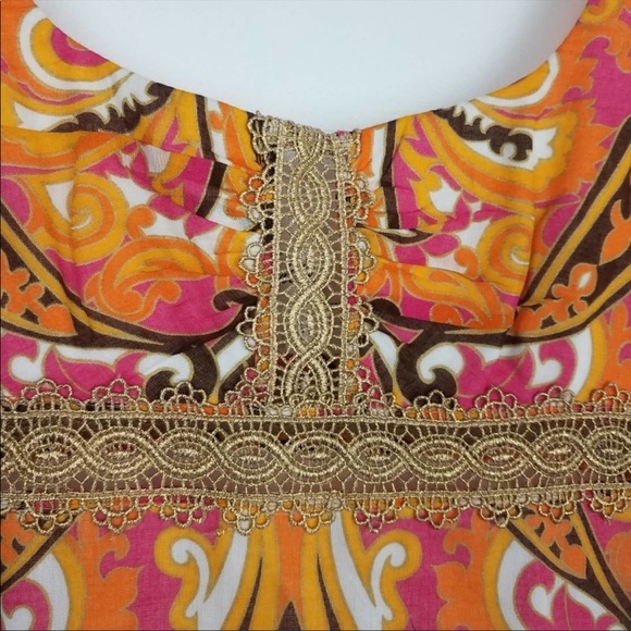 Milly of NY | Vintage Paisley Print Pink Gold Lace Dress - Picture 4 of 8